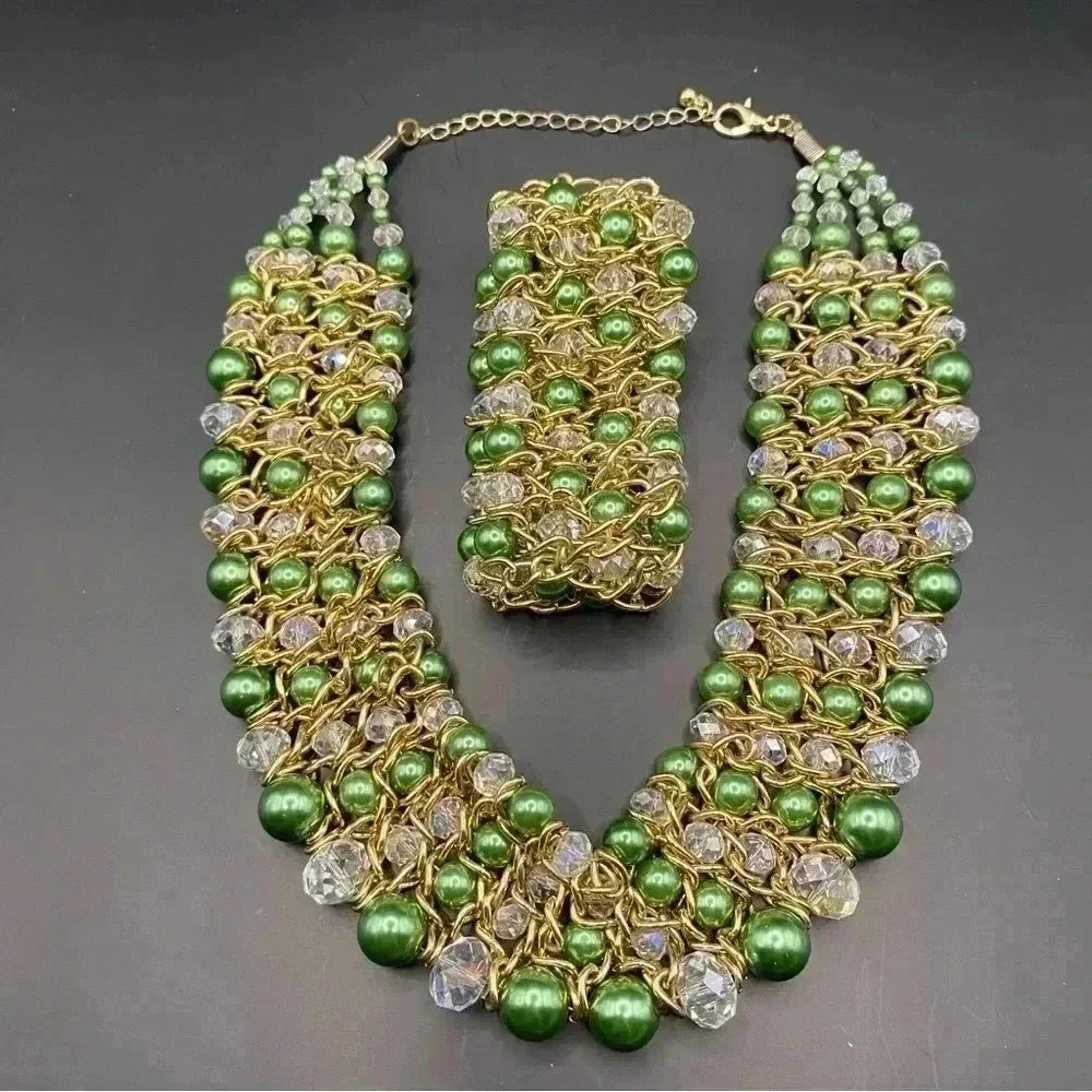 VGT Skyline Collection Gold-tone Emerald Green Crystal Beaded Necklace Bracelet